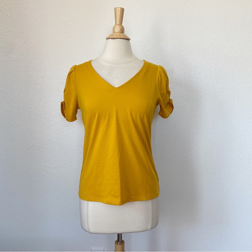 Solid Mustard Short Puff Sleeve V-Neck Blouse